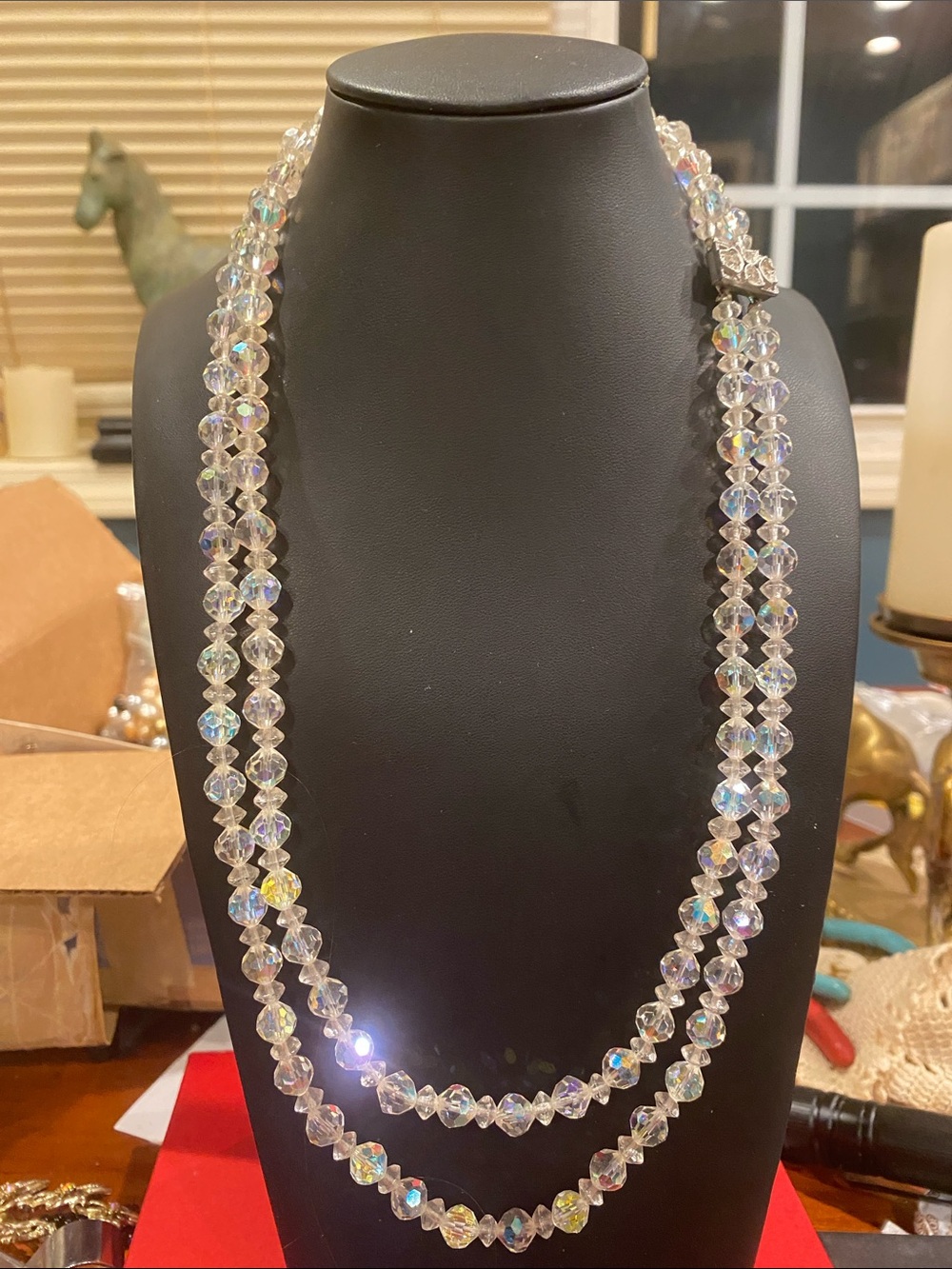 Aurora Crystal Two-Strand Necklace - Clear Aurora Borealis. Fancy Clasp.